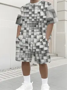 Men's Spring & Summer Fashion Set, 3D Gray & White Square Illusion All-Over Print Regular Short Sleeve Outfit, Crew Neck T-Shirt & Shorts, Personalized Casual Apparel for Adults, Perfect Gift Choice
