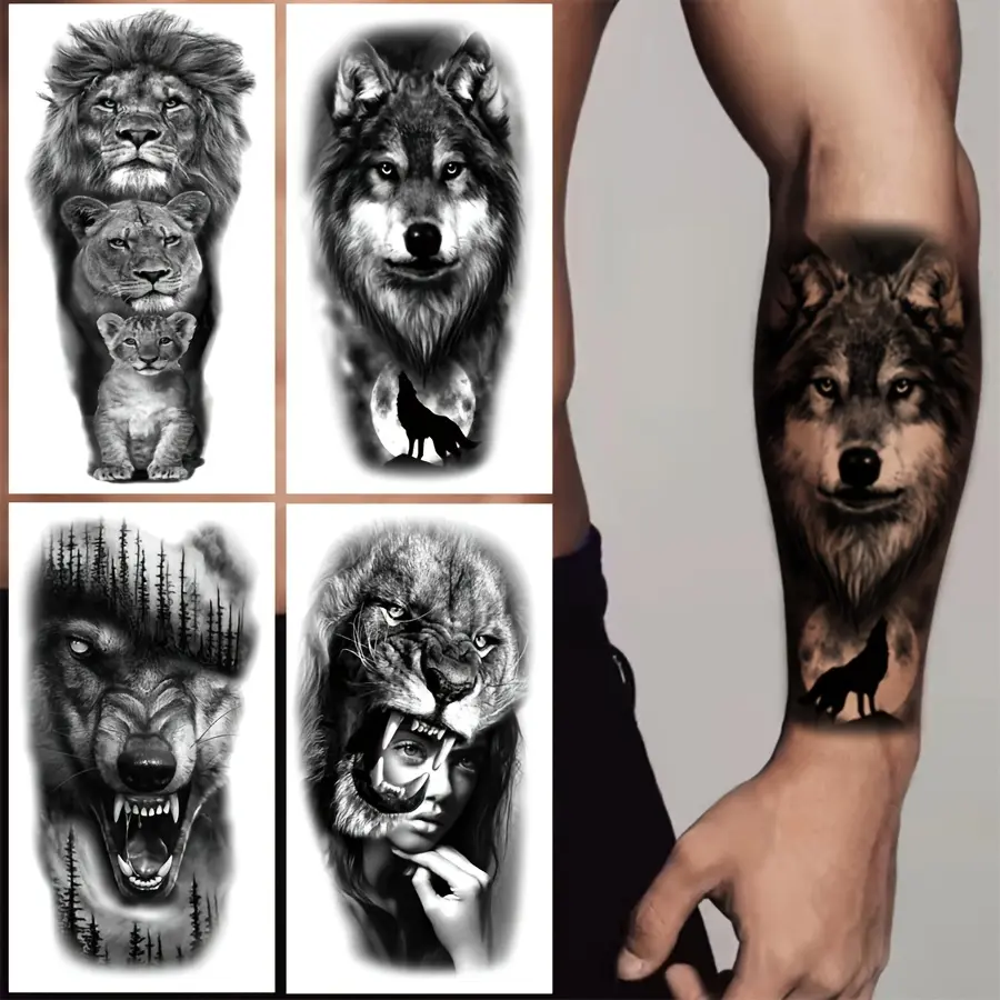 6-Piece Realistic Temporary Tattoos, Waterproof Instant Body Art Stickers for Men & Women - Lion, Tiger & Wolf Animal Face Designs, Assorted Temporary Tattoos