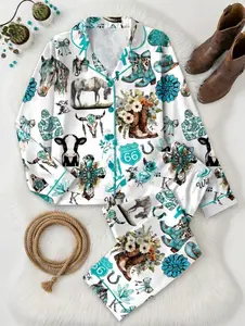 Western Cowgirl Pajama Set, Cowgirl Aesthetic Pajama Satin Set Turquoise Horses, Boots & Cactus Satin Pajamas