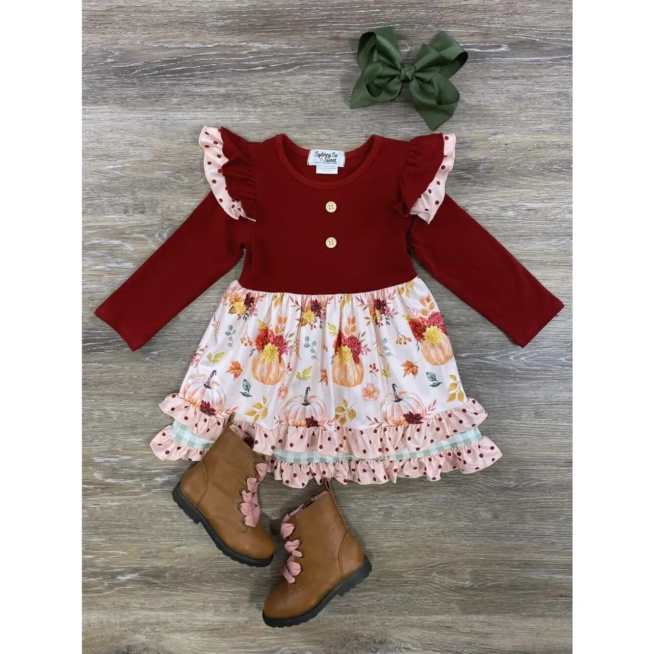 Pumpkin Garden Girls or Toddler Burgundy and Fall Polka Dot Trim Ruffle Fall Dress