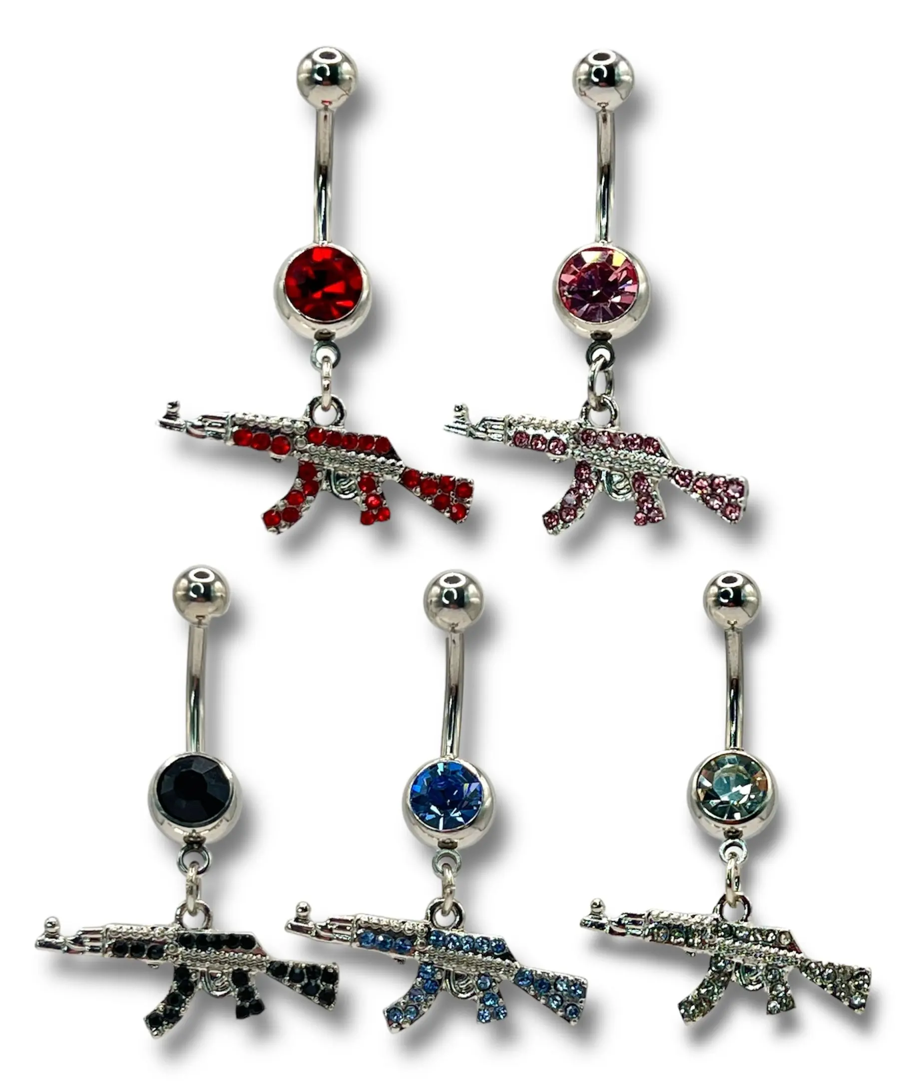Pew-Pew AK-47 Design Belly Piercing with Rhinestones - Silver Finish, 14 Gauge Size body  jewelry navel ring