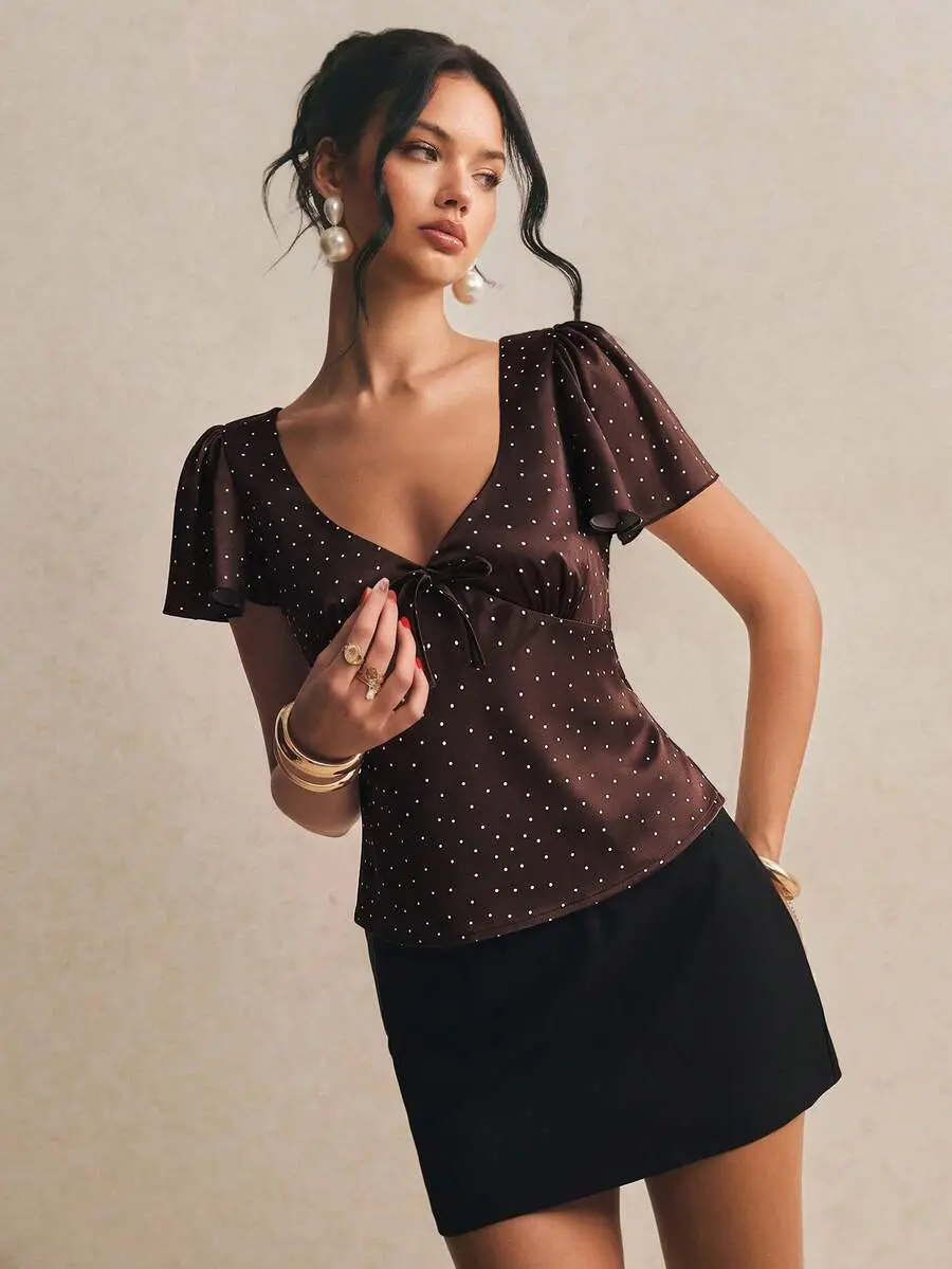 Women's Polka Dot Pattern Bowknot Decor Ruffle Blouse,Peplum Top ,Elegant Blouses, Work Outfits,Chic Top,Going Out Tops,Cute Tops,Fall/Winter
