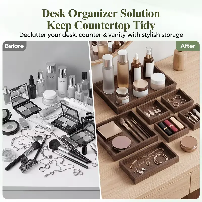 7pcs Nestable Wooden Tray Set, Tea Trays, Stackable Serving Platters for Tea, Coffee, Snacks, Appetizers, Home Decor, Ideal for Parties, Weddings & Daily Organization, with 2 Coasters