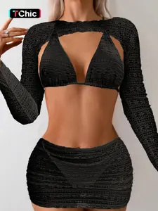 Women's Lace Bikini Set, Sexy Halter Neck Strapless Swimsuit, Plain Pattern, Casual Summer Beachwear, 4 Piece Bathing Suit