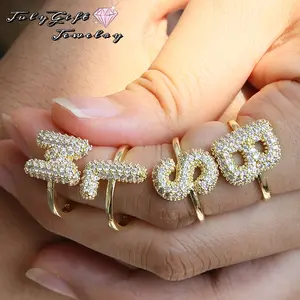Women Bubble Initial Rings Balloon Letters Ring Puff Letter A-Z Chunky Rings CZ Paved Alphabet Letter Ring