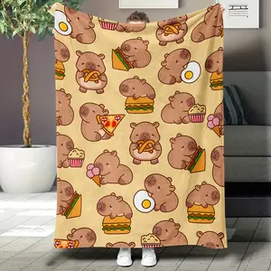 The capybara animal cartoon pattern with a food theme is perfect for sofa and living room decoration, sofa cover blanket, fleece blanket, nap blanket, with a plush texture.