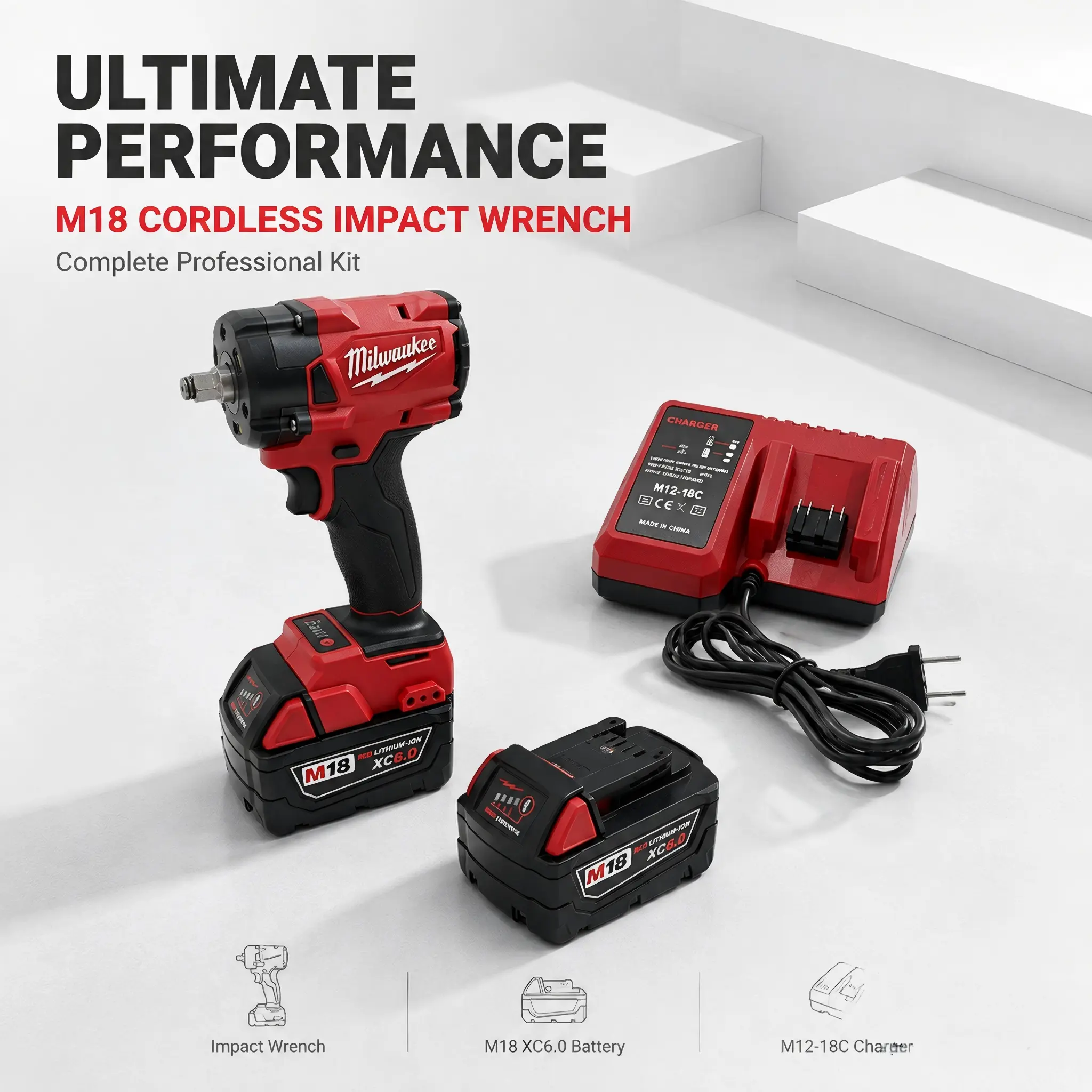Milwaukee M18 18V 1/2-Inch Cordless Dual-Purpose Impact Wrench Kit, 300Nm High Torque, Includes XC6.0 Battery & Charger, Ideal for Automotive Repair