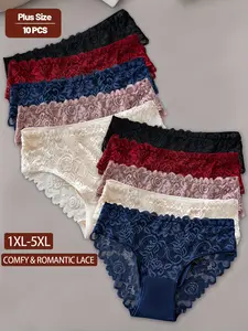 10 Pack Plus Size Women's Triangle Panties, Kardashian Style High Waisted Briefs Lace Underwear, Comfortable Loose-Fitting Knickers in 1xl-5xl