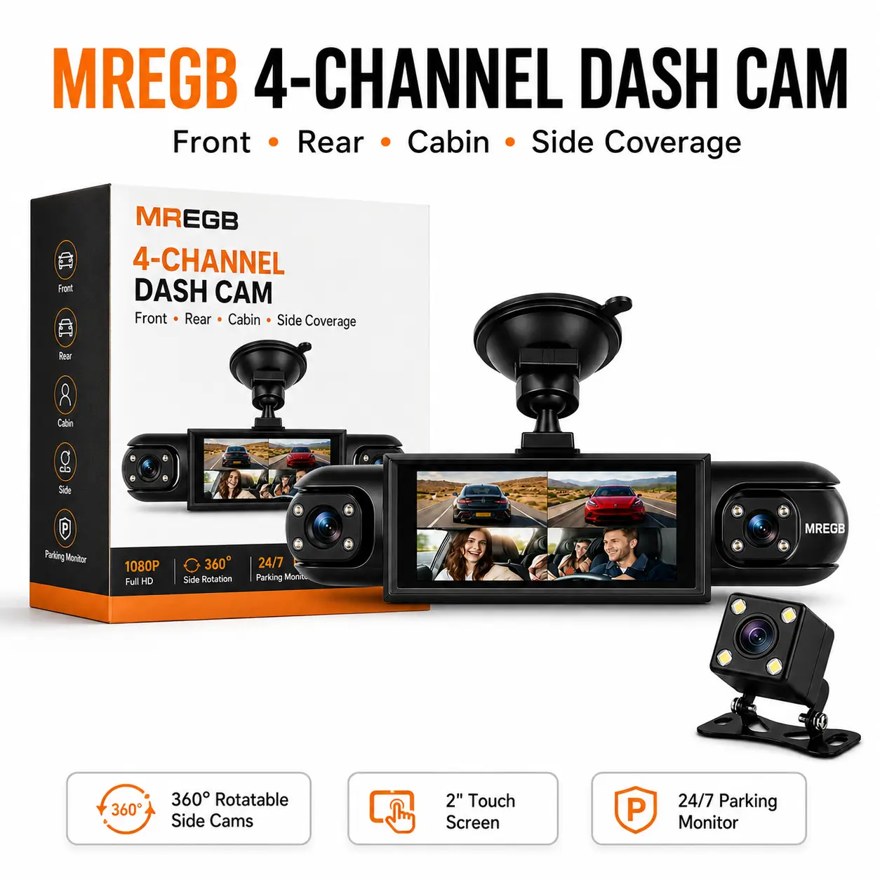 MREGB 4 Channel 360° Rotatable Dash Cam Front Rear Inside Left Right Coverage 2" Touch Screen 24/7 Parking Monitor Night Vision Reversing Aid Optional 64G TF Card