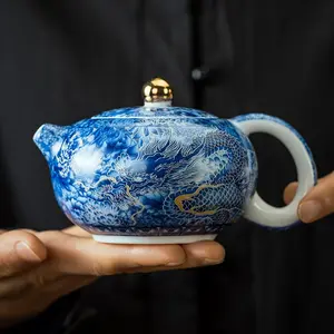 Filigree Silver Dragon Phoenix Xishi Teapot Ceramic Tea Set Rotatable Blue White Three Piece Gaiwan Single Tea Bowl