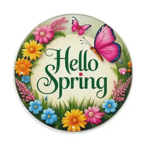 1 piece of 2D flat spring wreath and pink metal round wall decoration - Pink and colorful flowers, made of aluminum/outdoor decoration, suitable for home, garage, cafe.