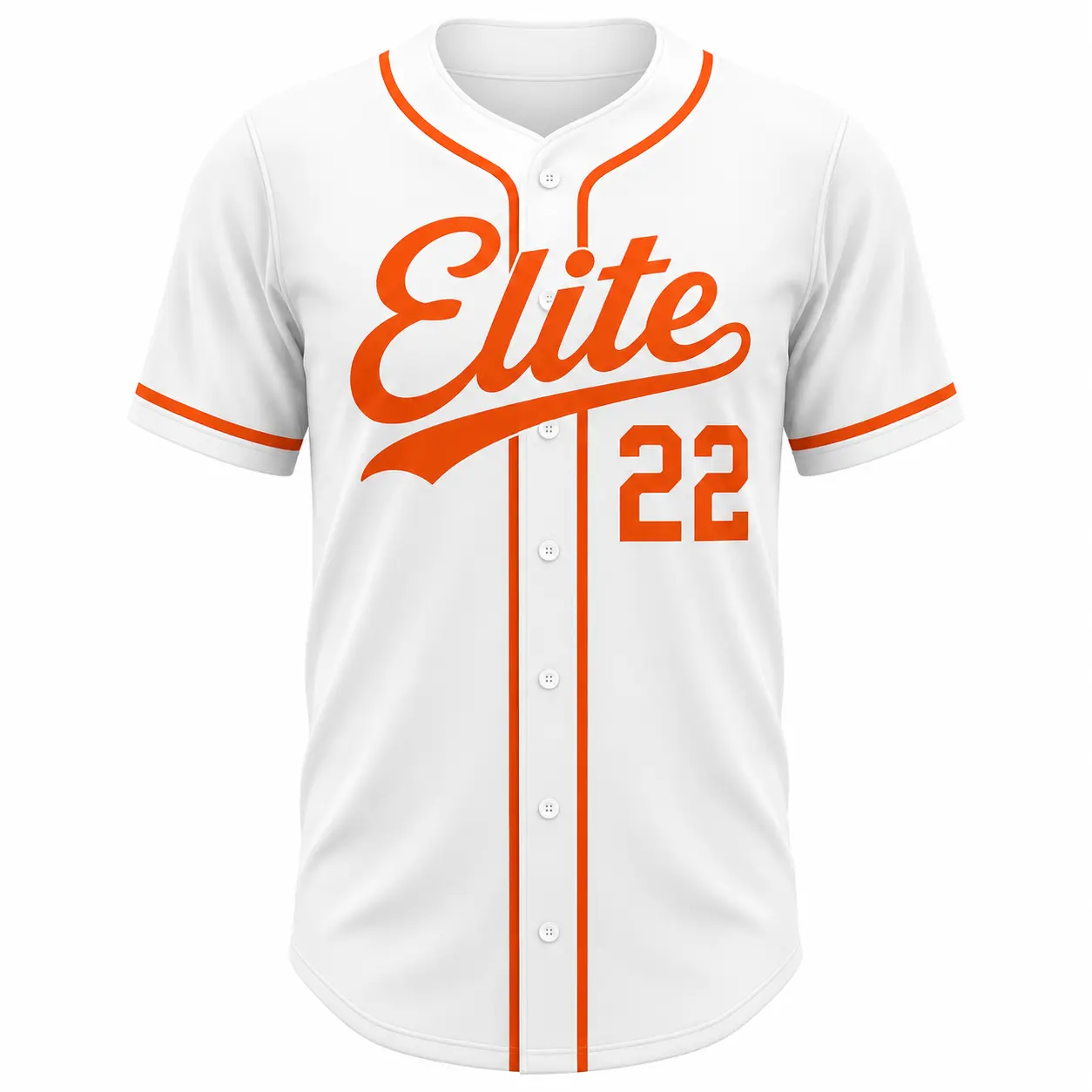 Elite Letter Number 22 Print Button Baseball Jersey, White Base Orange Piping Breathable Mesh Short Sleeve Casual Street Shirt