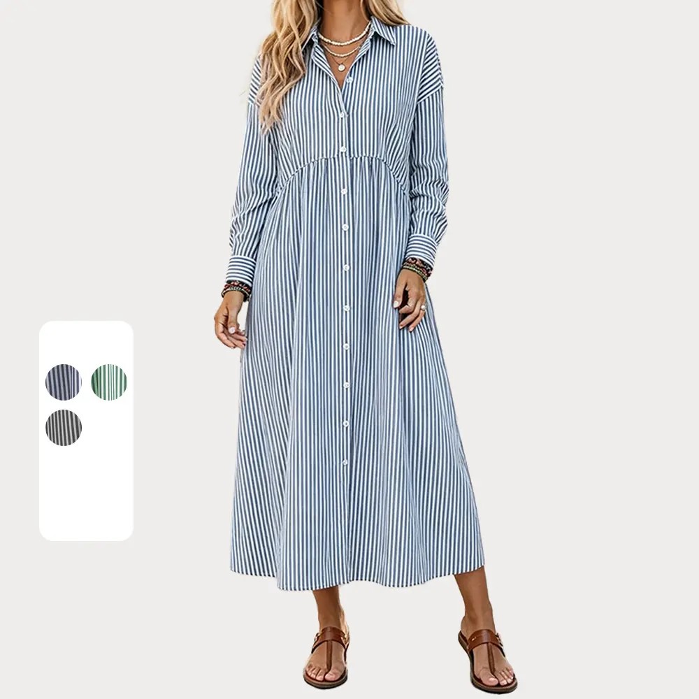 Yinos Women's Business Casual Striped Shirt Dress Long Sleeve Button Down Midi Long Boho Dress
