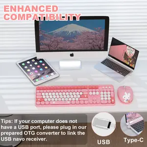 Wireless Keyboard and Mouse Combo, 106 Round Keys with OTG Adapter Full Size Cute Colorful Bunny Cute Design Wireless Typewriter for MacBook Windows Laptop Tablet