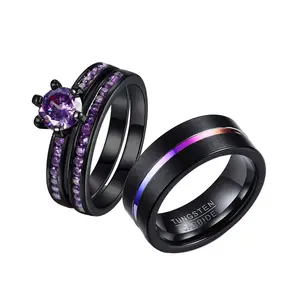 Ringcrown Couple Rings Matching Ring Round Cut 1ct CZ Black And Purple Women Wedding Ring Sets For Him And Her Ring Sets Men Tungsten Steel Wedding Band