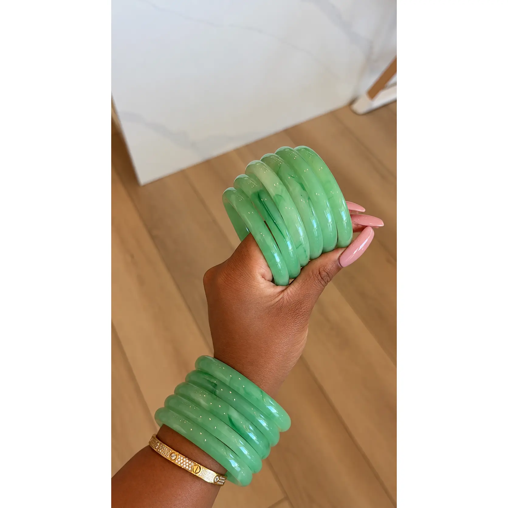 6PC Jade Goddess Bangle Set – Glossy Stackable Colorful Statement Bracelets for Women