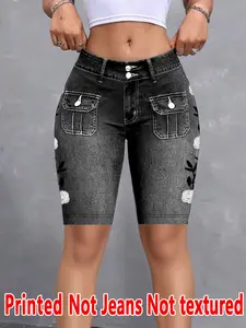Women's Printed Fitted High Rise Premium Skinny Pants, Non-Denim Fabric, Five-Pocket Shorts, Imitation Denim Print, Four-Season Wearable Bottoms, Womenswear
