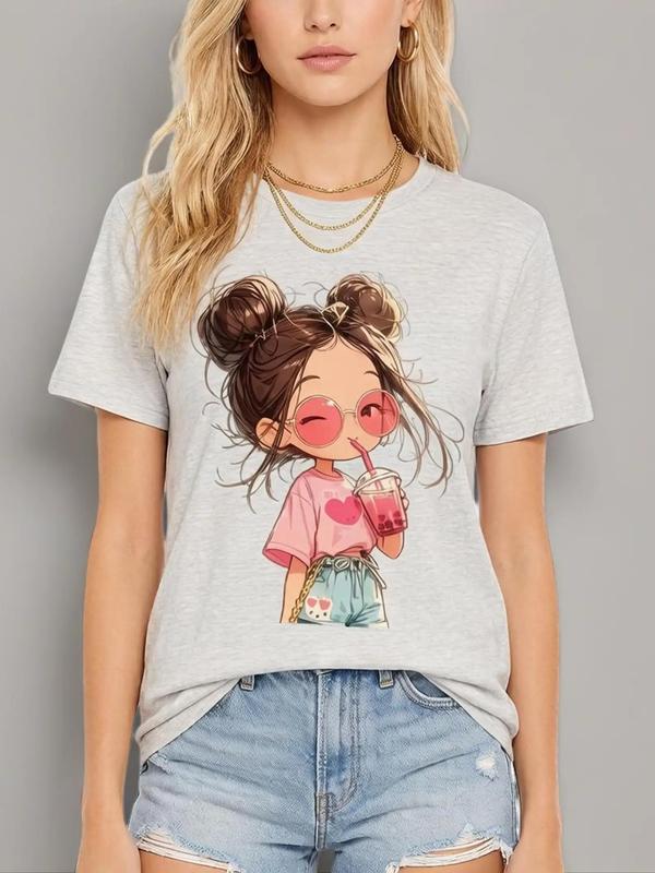 Women's Plus Size Light Gray Soft Cotton Short-Sleeve Crew Neck H-Type Cropped Graphic Print T-Shirt - Kawaii Cute Double Bun Bubble Tea Design, Loose Fabric, Vacation Casual Top