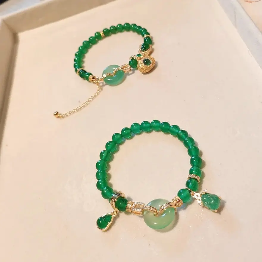 Forest Green Chalcedony Bracelet Set with Gold Accents and Green Beads Jewelry Collection