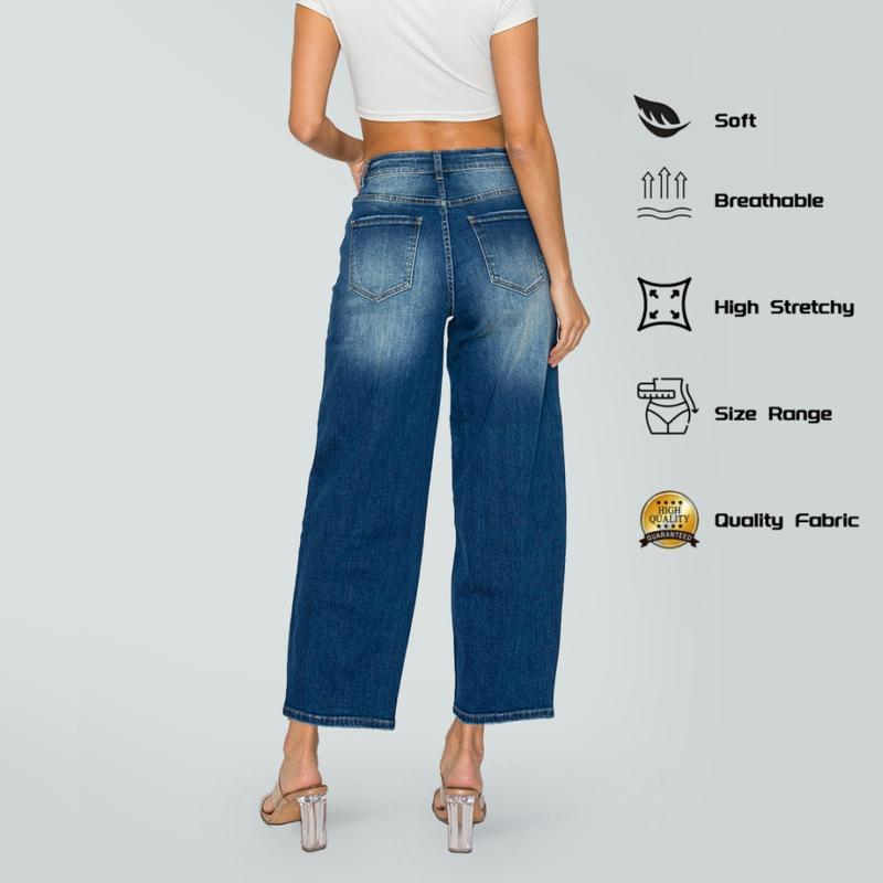 PREJEAN Y2K Washed Baggy Jeans for Women Trendy High Rise Straight Wide Leg Denim Pants with Pocket Fashion Casual High Street Long Trousers Elegant Loose Fit Floor Length Jeans