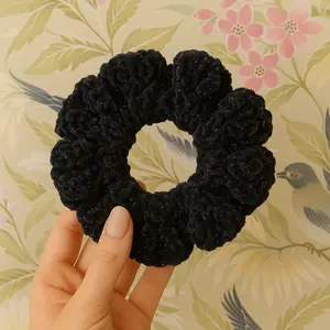 Jumbo Velvet Sparkle Scrunchie - Black with Silver Sparkle, Approx. 5-6 Inches Diameter, Handmade Accessory for Thick Hair Oversized Multi-Layer Lace Hair Scrunchies