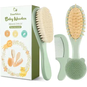 4 Piece Baby Hair Brush and Comb Set,Wooden Baby Hair Brush with Natural Ultra Soft Goat Hair, Baby Comb Set for Boy, Girl - Green