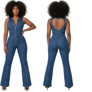 Heart Back Sculpted Denim Flare Jumpsuit