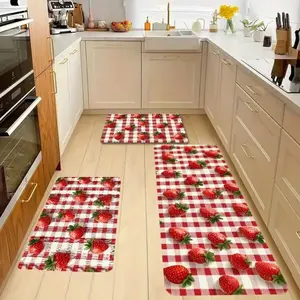 1/2pc Strawberry Pattern Kitchen Flannel Rug, Polyester Non-Slip Flannel Mat, Machine Washable Rectangular Floor Mats, Decorative Area Rugs for Kitchen, Bathroom, Bedroom, Easy Clean Indoor Home Decor outdoorfun