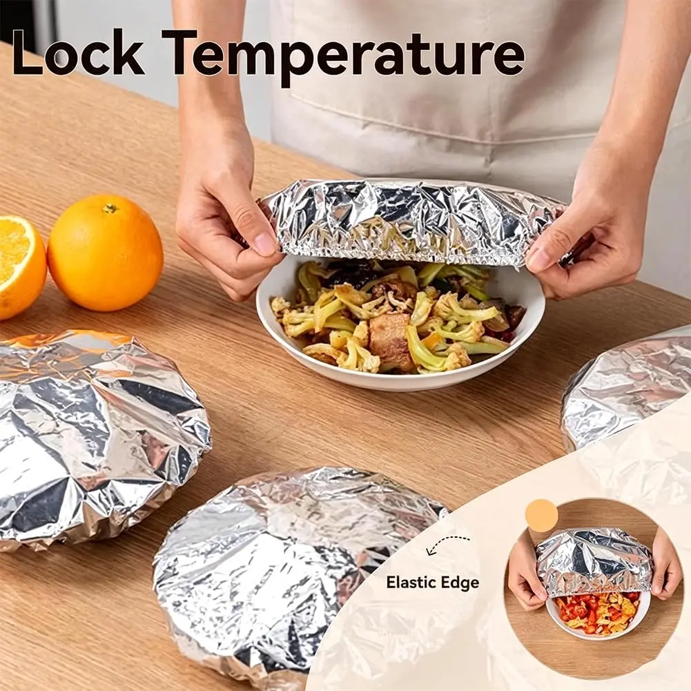 Aluminum Foil Food Covers, Aluminum Foil Insulation Covers, 2026 New Reusable Aluminum Food Covers for Food with Elastic Edges, Fruit Cling Wrap, Simple to Use, For Bowls, Pots