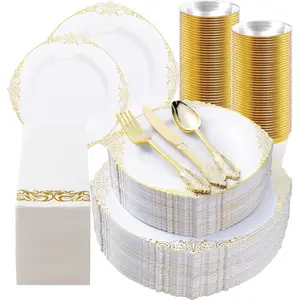 350PCS White and Gold Plastic Plates for 50 Guests Disposable Dinnerware Set Includes 100 Gold Plates 150 Gold Silverware 50 Cups 50 Napkins for Party Wedding Christmas Dessert