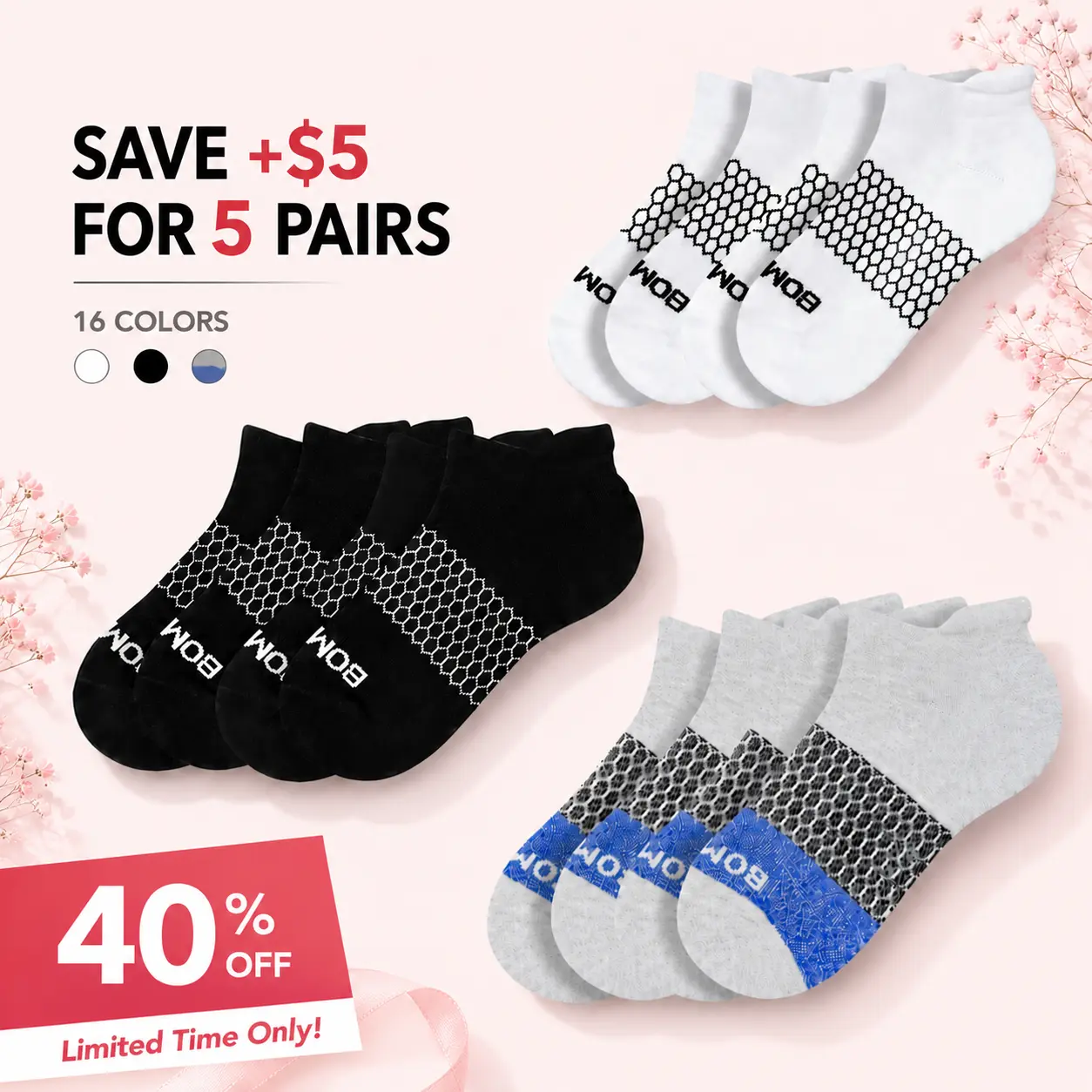3-5 Packs Bombas Tri-Block Honeycomb Ankle Support Solid Socks for Women, Men | Multi Colors Unisex Running Socks, Seamless Toe, Compression Socks
