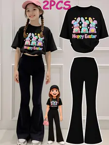 2-Piece Girls' Outfit: T-Shirt and Pants Set | Happy Easter Rabbit Print | Short-Sleeve Crew-Neck T-Shirt and Bell-Bottom Pants Set | Perfect for Outdoor Activities | Children's Clothing