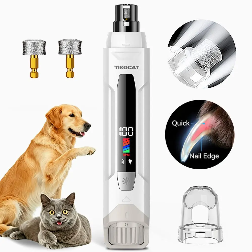 TIKOCAT Pet Nail Grinder,Ultra Quiet Electric Grooming Tool with 4 LED Lights, Safe & Stress-Free for Sensitive Dogs Cats of All Breeds & Sizes, 3 Grinding Bits, 6-Speed,Pet Nail Trimmers, Rechargeable Painless Grooming  Trimmer with Dust Cup sohochic