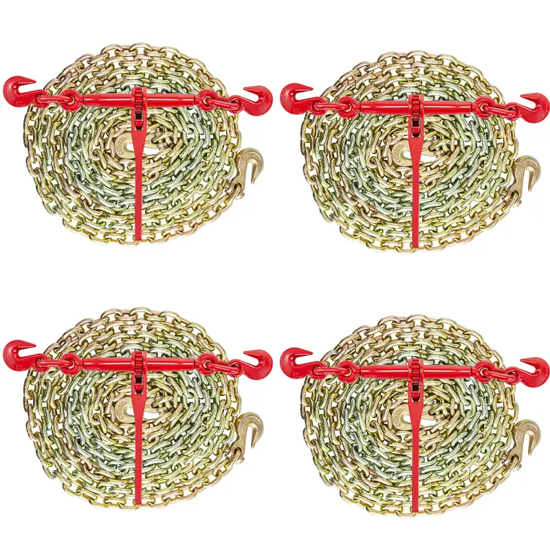 VEVOR Heavy Duty 20mn2 Steel Industrial Logging Chain & Binder Kit, 3/8in-1/2in Lever Ratchet Load Binders (9215lbs Working Strength, Ratchet Safety), 3/8in x 10ft Chains with G70 Hooks, Red Powder Coat Shackle for Truck Tie Down, 14in Leverage Handle