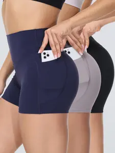 3 Piece /3 Set High-Waisted Workout Shorts for Women - Elastic Tummy Control Yoga Shorts with Side Pockets ，Stretch Gym Running Athletic Wear Shorts - All Season Fitness Compression Shorts