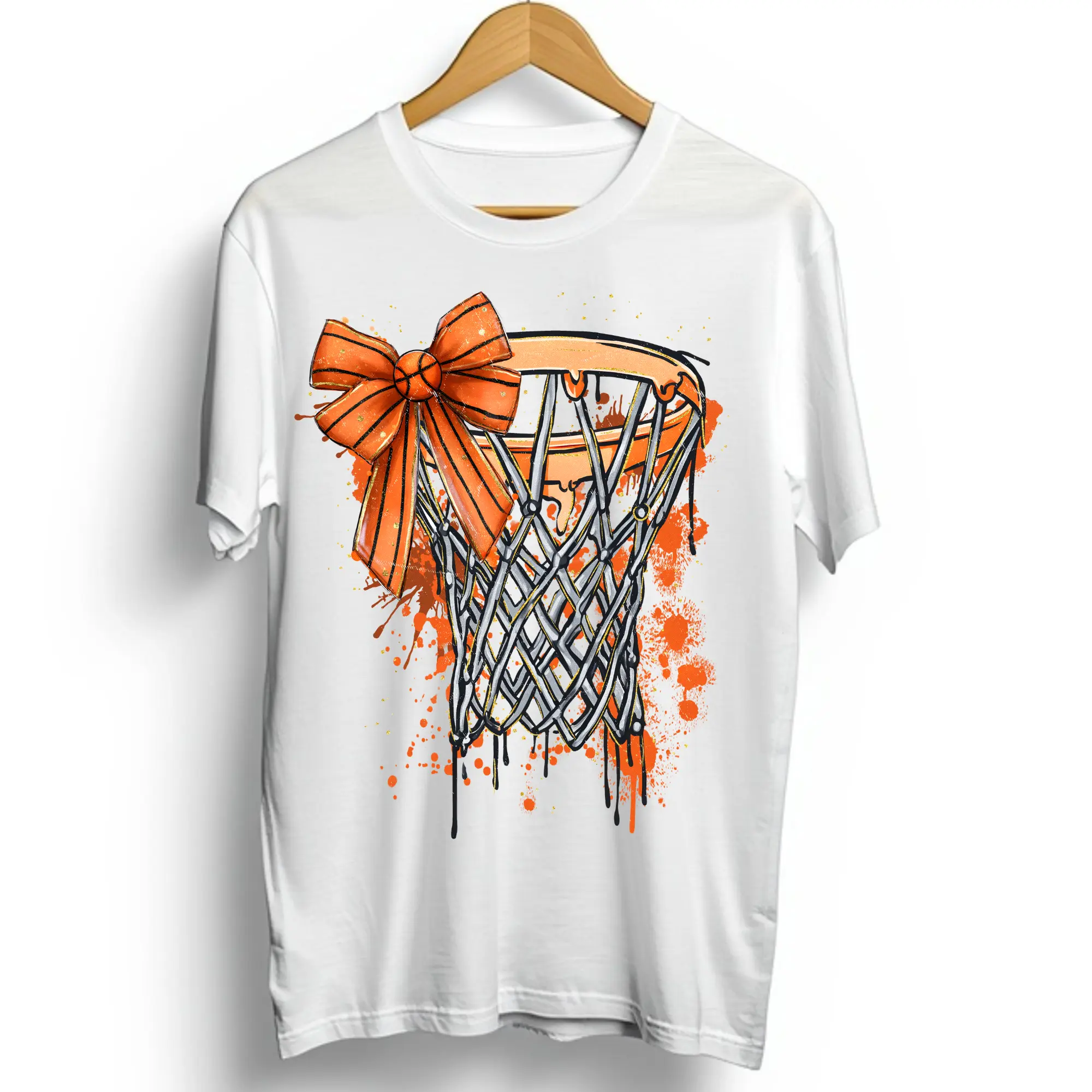 Basketball-Themed Dripping Net Bow Design Ready-to-Press DTF Direct-to-Film Print, Versatile Use for T-Shirts, Specialty DIY Supply