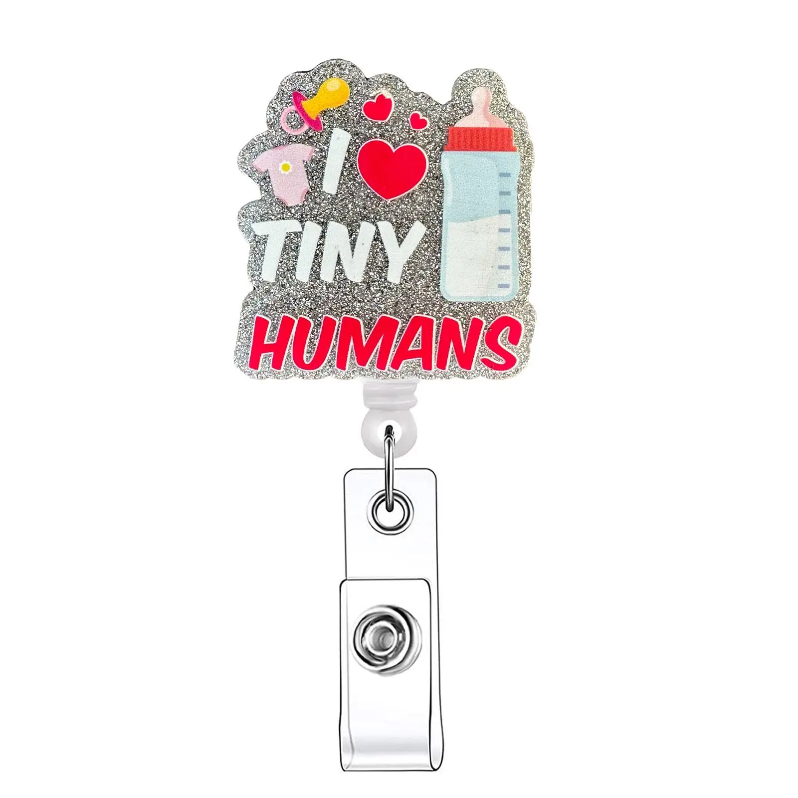 I Love Tiny Humans Letter Pattern Retractable Badge Reel, Medical Badge Reel, Badge Buddy Nursing, 1 Count Acrylic ID Holder with Clip, Supplies for Nurses Doctors Nursing Students Students Office Staff
