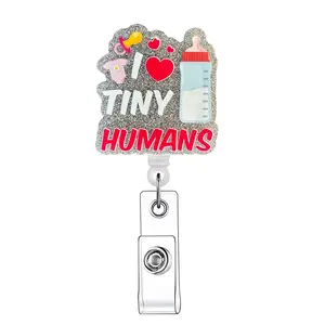 I Love Tiny Humans Letter Pattern Retractable Badge Reel, Medical Badge Reel, Badge Buddy Nursing, 1 Count Acrylic ID Holder with Clip, Supplies for Nurses Doctors Nursing Students Students Office Staff