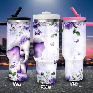 1 pc 40 oz Whimsical Purple Elephant Tumbler with Floral Crown and Butterflies, with lid and straw; insulated travel mug for winter; gift for women and men; ideal for Valentine’s Day, Easter, and birthdays; suitable for iced or hot coffee