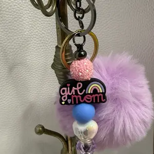 Girl Mom Keychain with Pink Pom Pom and Rainbow Design for Women's Accessories