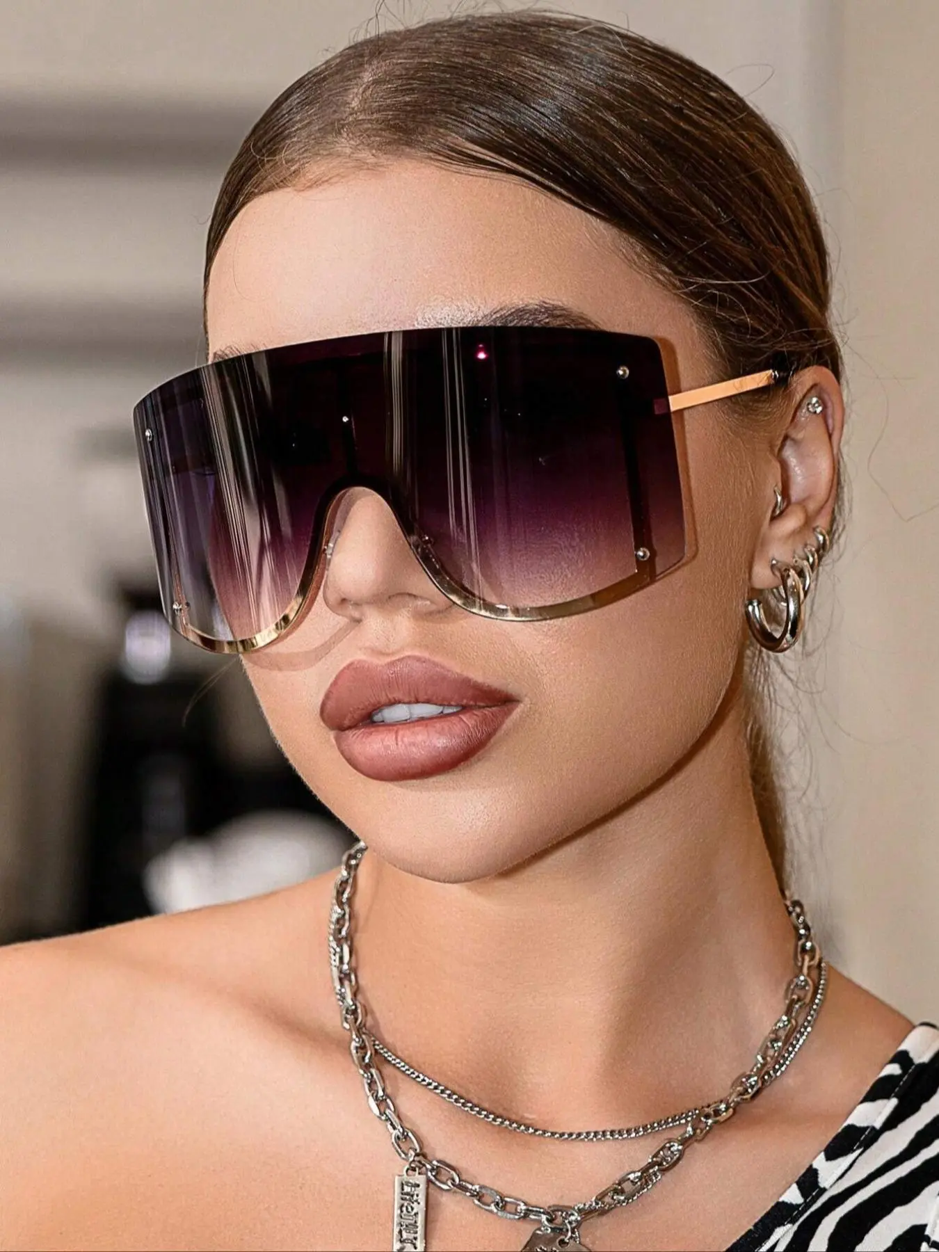 Women's Fashionable Large Frame Rimless Shield Sunglasses, Y2K Style Tinted Lens Sunglasses, Retro Casual UV400 Protection Sunglasses for Everyday Use, Fashion Accessories for Outdoor Activities, Trendy Styling Sunglasses