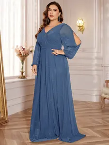 【Plus Size】 Glitter Wrap Bridesmaid Dress, Elegant Long Sleeve Dress for Party Wedding Guest, Women's Clothes for Summer