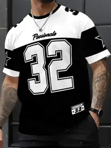 Men's Summer 32 Pattern Letter Color Block Print Short-Sleeve Fitted T-Shirt, Casual and Stylish Outdoor Crew Neck Sports Top for Everyday Wear