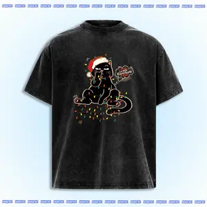 BlueyTee Funny Christmas Cat T-Shirt Vintage Washed Oversized Unisex Holiday Graphic Tee Cute Xmas Outfit Gift Idea Streetwear Heavyweight Cotton Winter Casual TShirts Casual Streetwear Y2K Trend Apparel