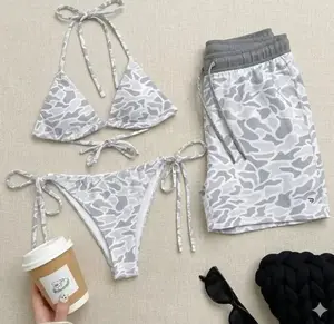 [Today Deal] Grey Camo Matching Couple Swimsuit Set, Sexy Triangle Tie Bikini & Men’s Drawstring Swim Shorts, Summer Beach Vacation Outfit for Him and Her, Camo Bikini Set for Women