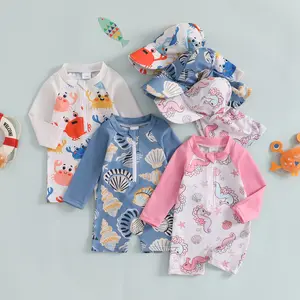 Archiveu Toddler Girls Rash Guard Swimsuit with Hat Set Seahorse Shell Pattern Zip Up Long Sleeve Crew Neck Baby Swimwears