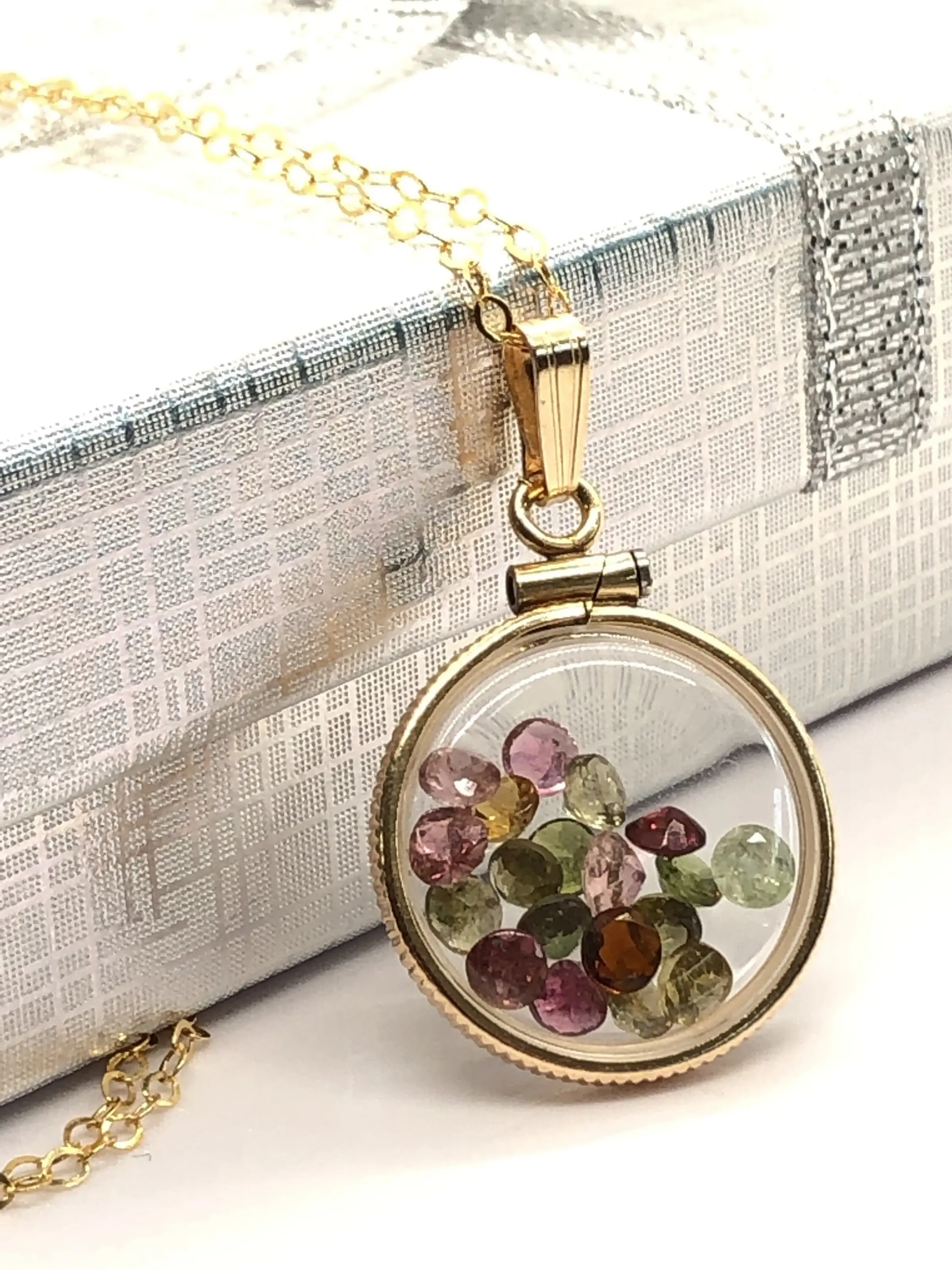 Handmade Dime-size Tourmaline Shaker Locket 14k Gold-Filled Lucite View Locket, Necklace, Beautiful October Birthstone.