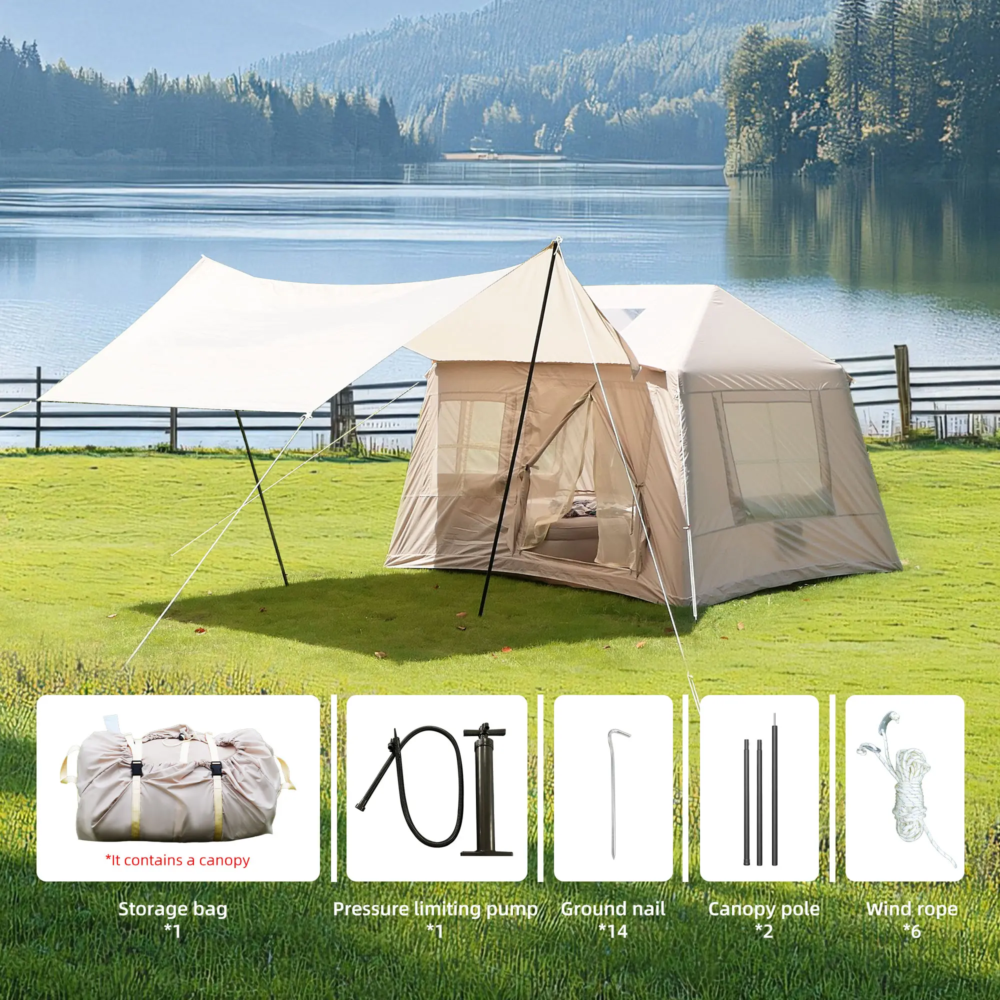 4-Person Inflatable Camping Canopy Awning Tent, Quick-Setup Glamping Air Tent with Mesh Windows, Skylight, PU5000mm Waterproof 4-Season Design & Pump for Family Outdoor Camping festival