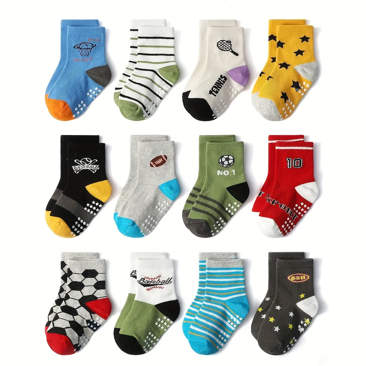 12-Pack Cotton Blend Children's Tube Footwear with Cartoon Sports Designs, Non-Slip Toddler Grip Ankle Hosiery, Knit Fabric, Breathable All-Season Comfort for Boys & Girls Aged 0-7
