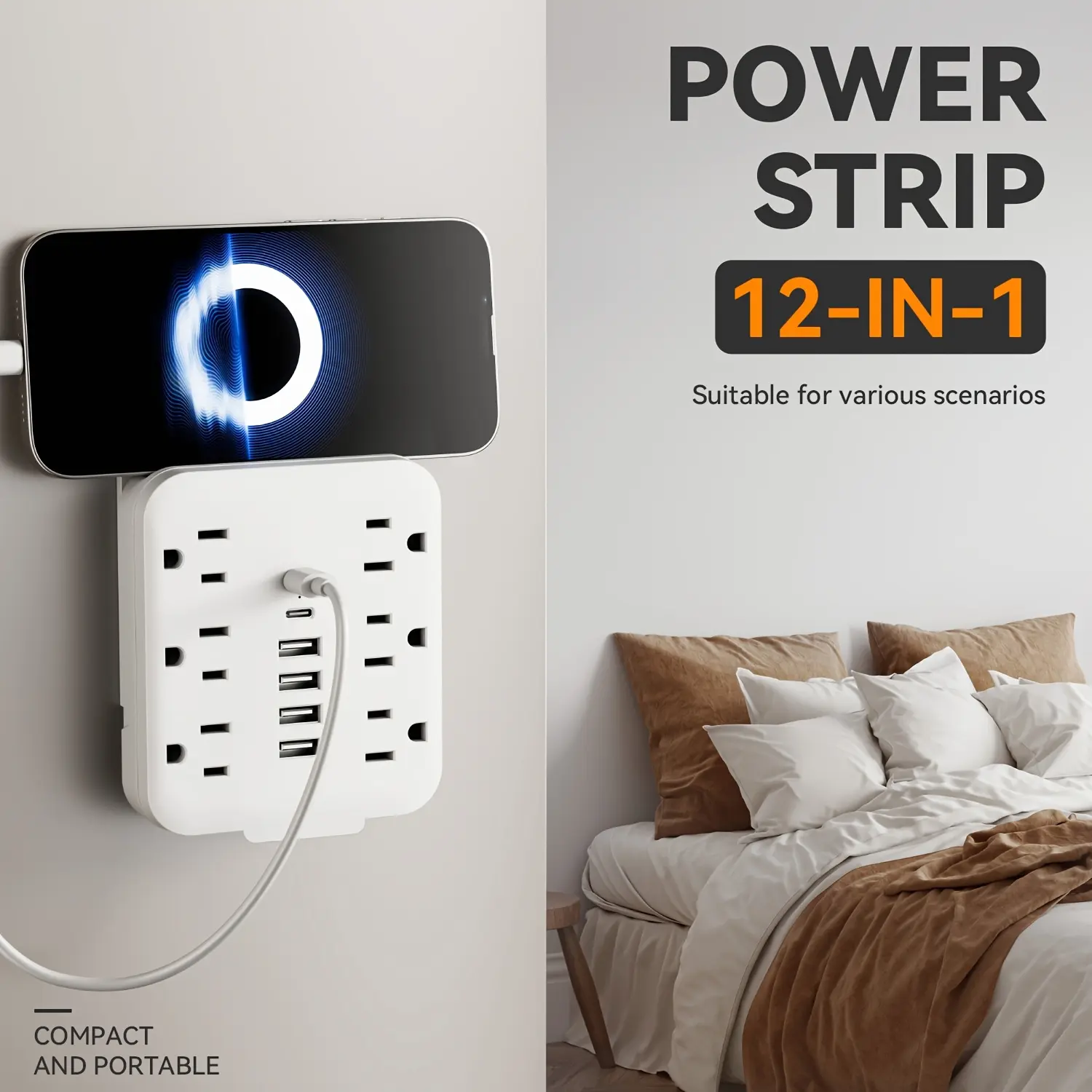 1pc Compact 12-in-1 Wall Power Strip with USB Ports - 6 AC Outlets & 6 USB Charging Ports (2 USB-C) - Space-Saving, Plug Powered, 110-130V, US Plug - Ideal for Home & Office Use - White & Black